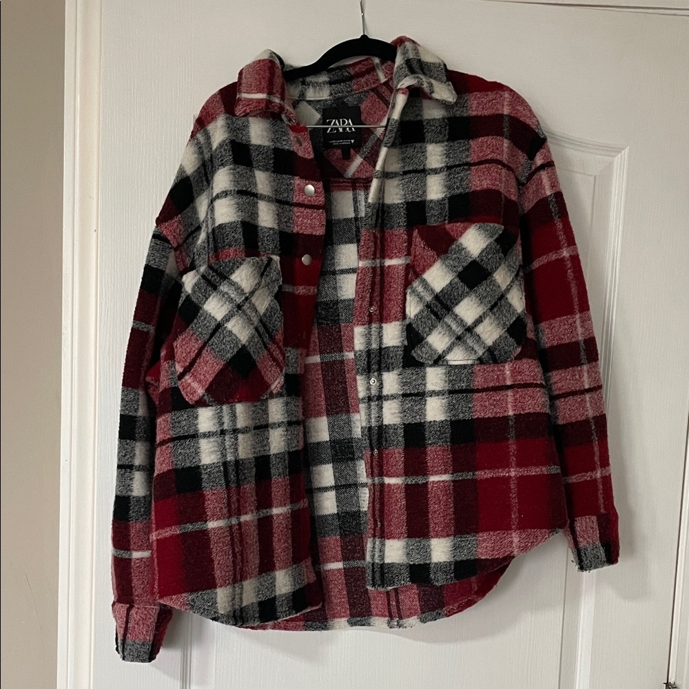 Zara Red and Black Checkered Shirt Jacket